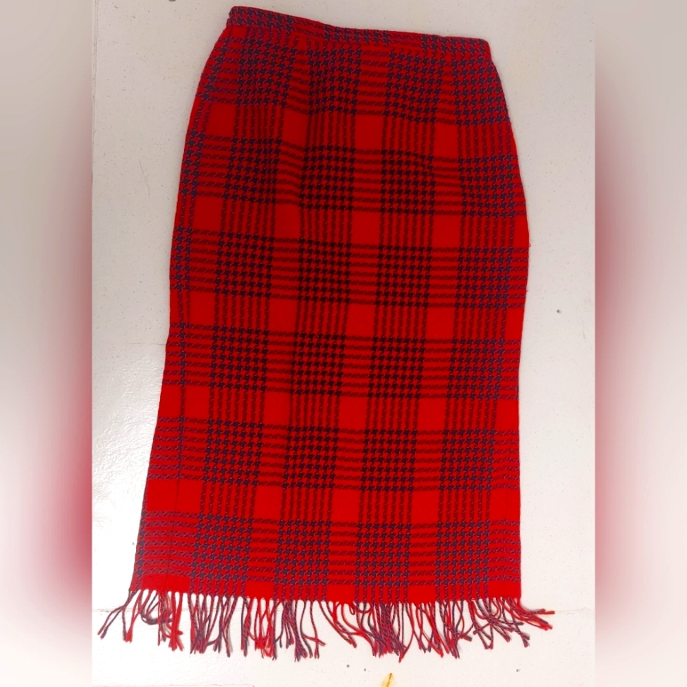 Vtg Womens Requirements Red Black Houndstooth Fringe Wool Blend Lined Skirt 12